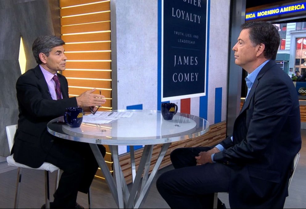 PHOTO: ABC News chief anchor George Stephanopoulos speaks to James Comey on Good Morning America, April 17, 2018.
