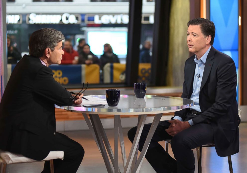 PHOTO: ABC News chief anchor George Stephanopoulos speaks to James Comey on "Good Morning America," April 17, 2018.