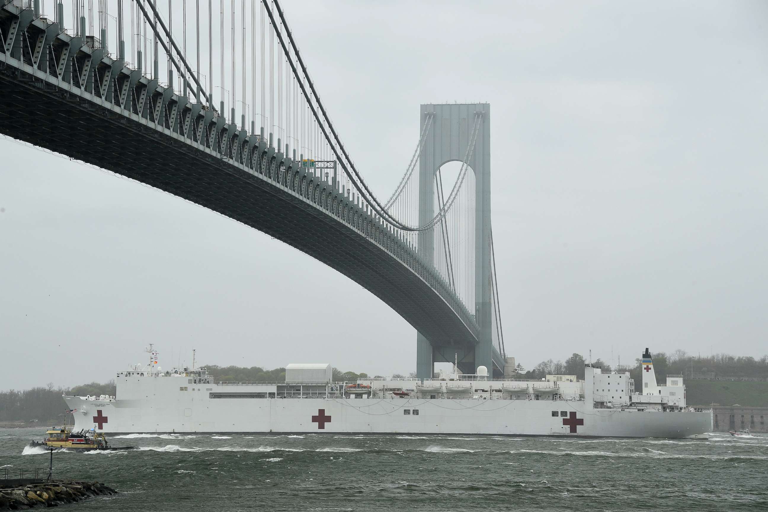 PHOTO: The USNS Comfort departs for its home port of Norfolk, Virginia, April 30, 2020, in New York City.