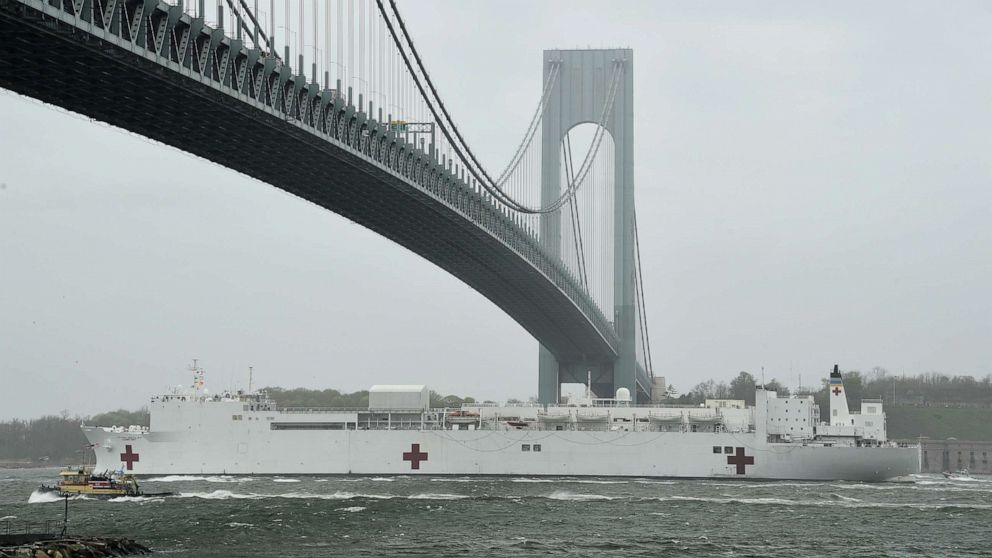 PHOTO: The USNS Comfort departs for its home port of Norfolk, Virginia, April 30, 2020, in New York City.