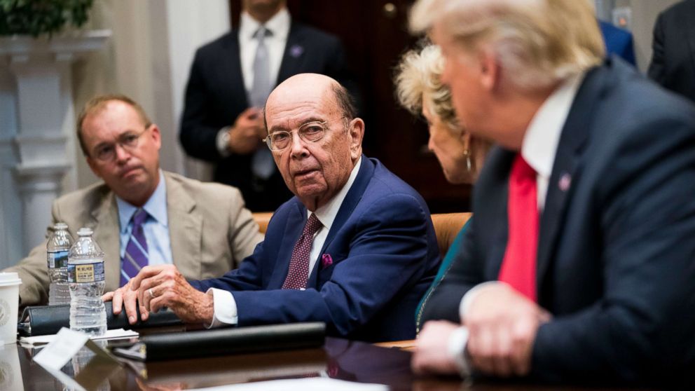 Commerce Secretary Wilbur Ross speaks to President Donald Trump during the first meeting of the President's National Council for the American Worker at the White House in Washington, Sept. 17, 2018.
