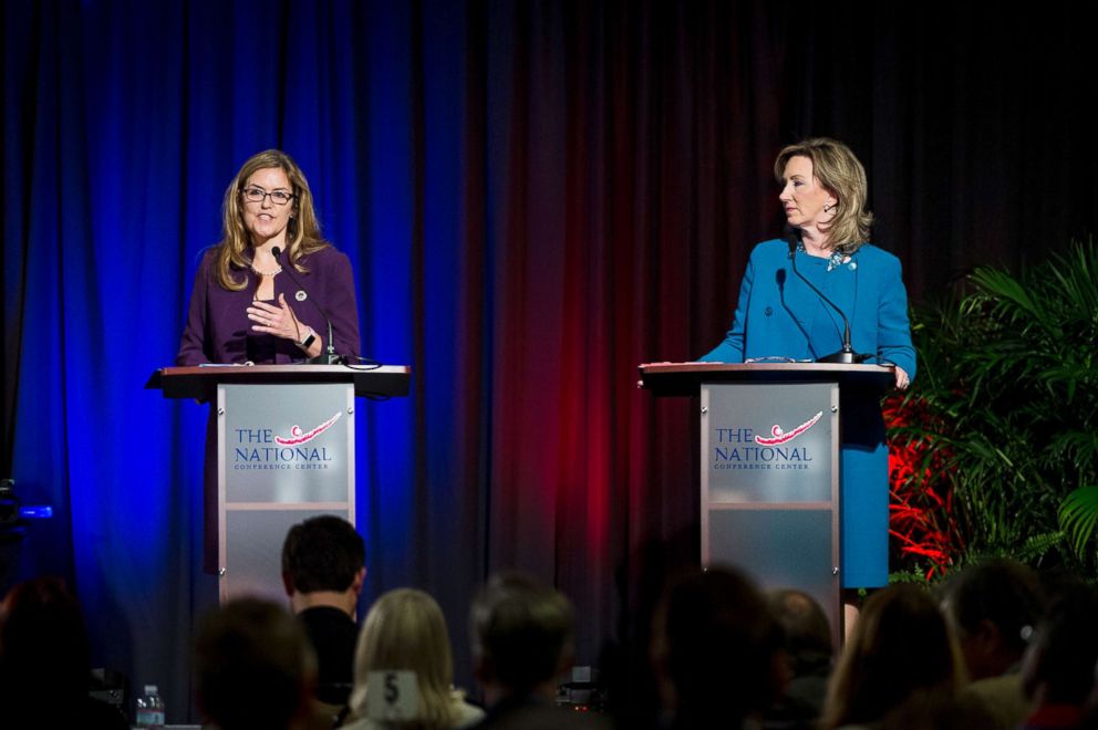 PHOTO: Virginia 10th Congressional District candidates, Senator Jennifer Wexton and incumbent Representative Barbara Comstock  participate in a debate on Sept. 21, 2018, in Leesburg, Va.