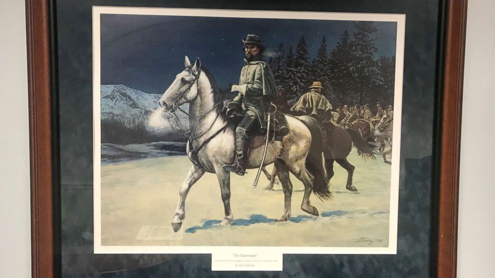 A portrait hanging in the office at the Department of Veterans Affairs depicts Nathan Bedford Forrest, a Confederate Army general who became the first grand wizard of the Klu Klux Klan. After complaints by coworkers, the owner agreed to take it down. Images were taken by his coworkers and obtained by ABC News.