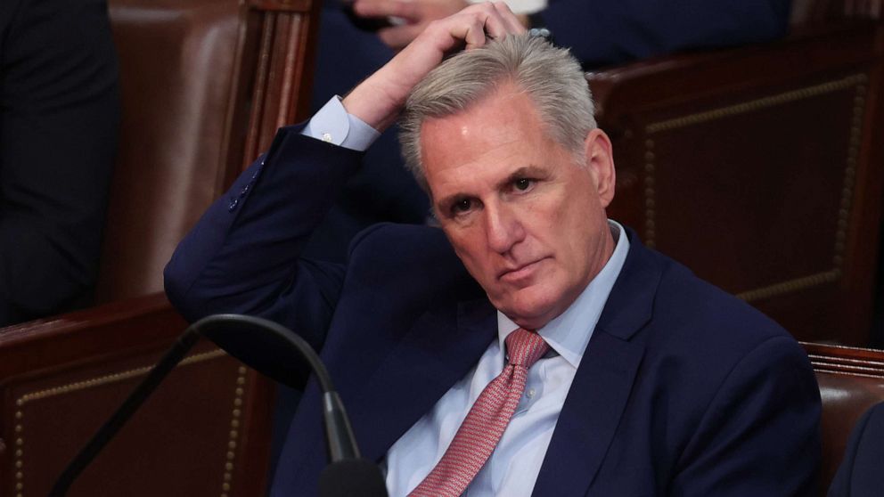 PHOTO: House Minority Leader Kevin McCarthy listens as Representatives cast their votes for Speaker of the House on the first day of the 118th Congress in the House Chamber of the U.S. Capitol, Jan. 3, 2023 in Washington.
