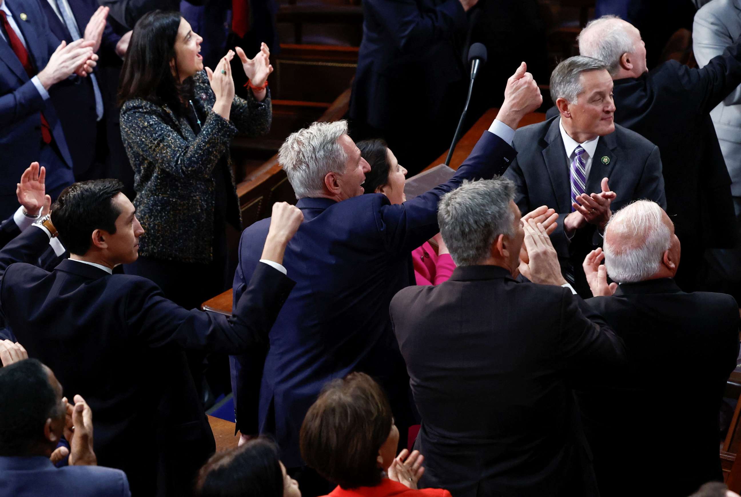 PHOTO: Republican House Leader Kevin McCarthy celebrates as he is elected to be the next Speaker of the U.S. House of Representatives in the 15th round of voting at the U.S. Capitol in Washington, Jan. 7, 2023.