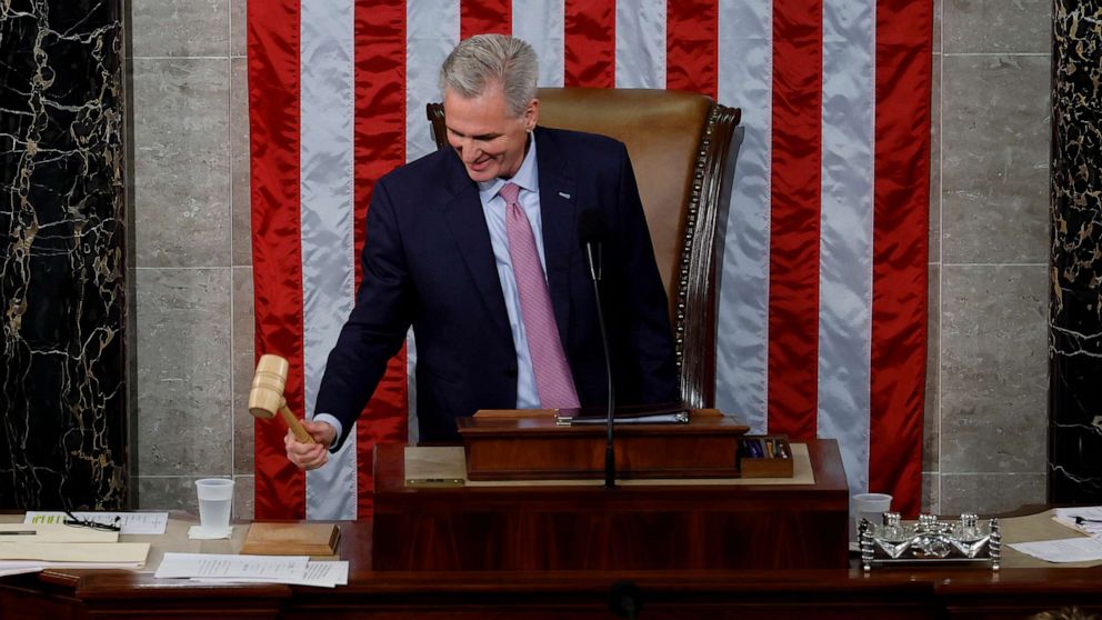 PHOTO: Speaker of the House Kevin McCarthy hits the gavel after he was elected Jan. 7, 2023 in Washington.