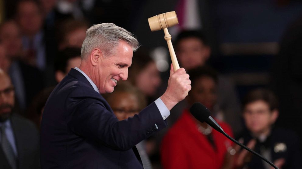PHOTO: Speaker of the House Kevin McCarthy picks up the gavel as he begins to speak in the House chamber in Washington, Jan. 7, 2023.