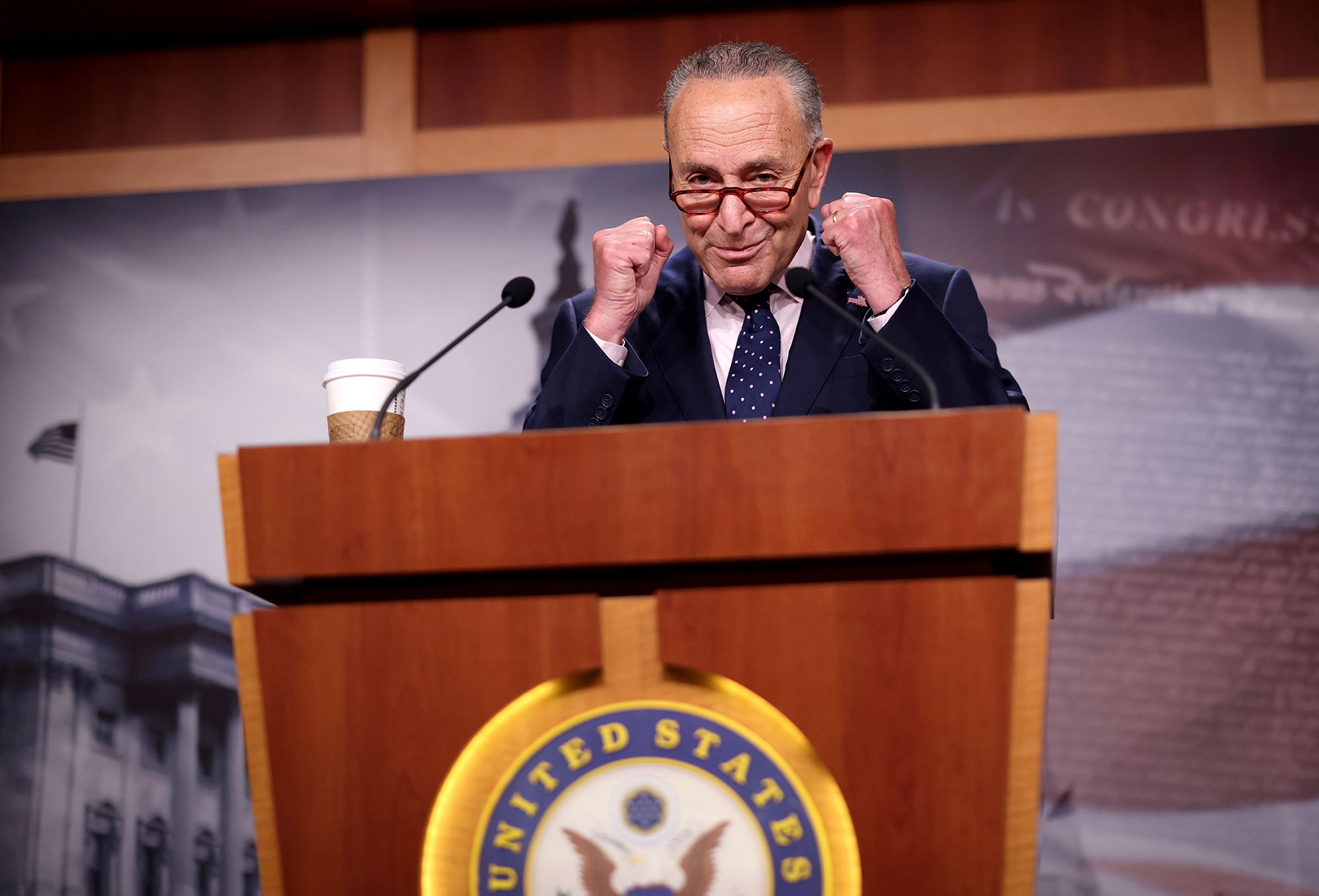 PHOTO: Senate Majority Leader Charles Schumer speaks on the passage of the bipartisan infrastructure bill, during a news conference in Washington, Aug. 11, 2021.