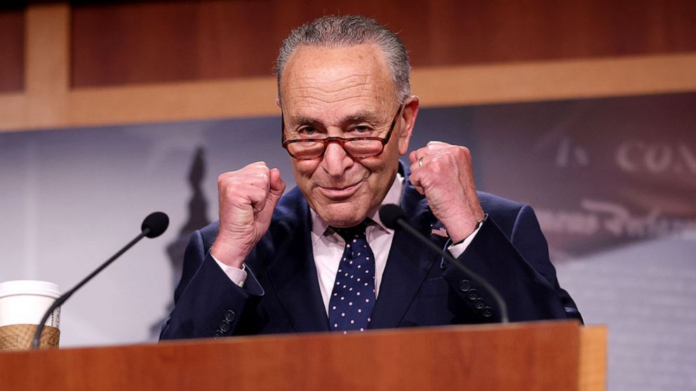 Senate Majority Leader Charles Schumer speaks on the passage of the bipartisan infrastructure bill, during a news conference in Washington, Aug. 11, 2021.