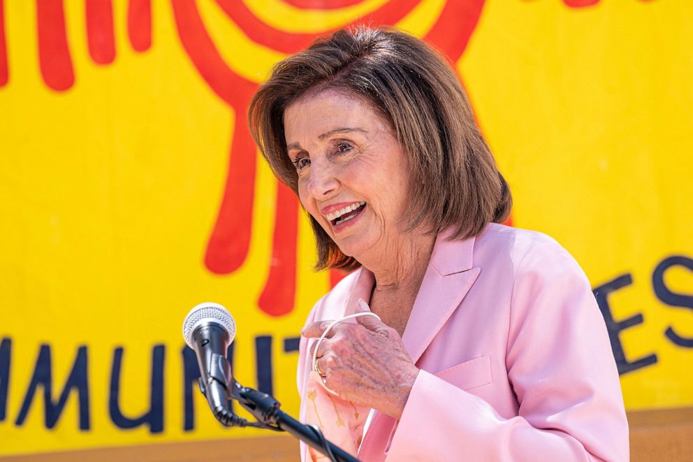 PHOTO: House Speaker Nancy Pelosi smiles during a news conference on emergency rental assistance at La Raza Community Resource Center in San Francisco, Aug. 10, 2021.