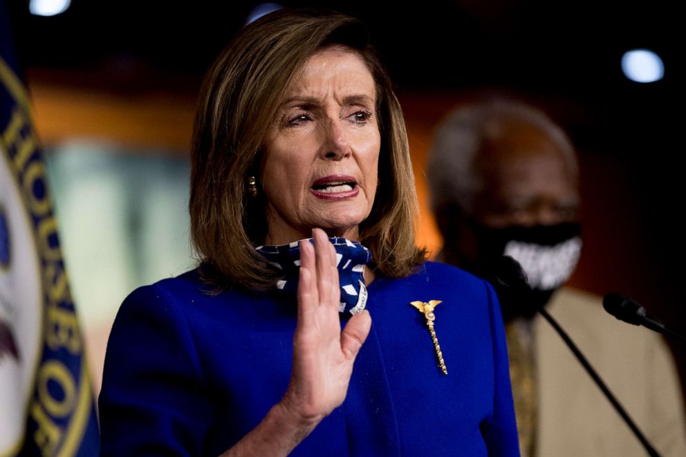 PHOTO: House Speaker Nancy Pelosi of Calif. speaks at a news conference on Capitol Hill in Washington, Friday, July 24, 2020, on the extension of federal unemployment benefits.