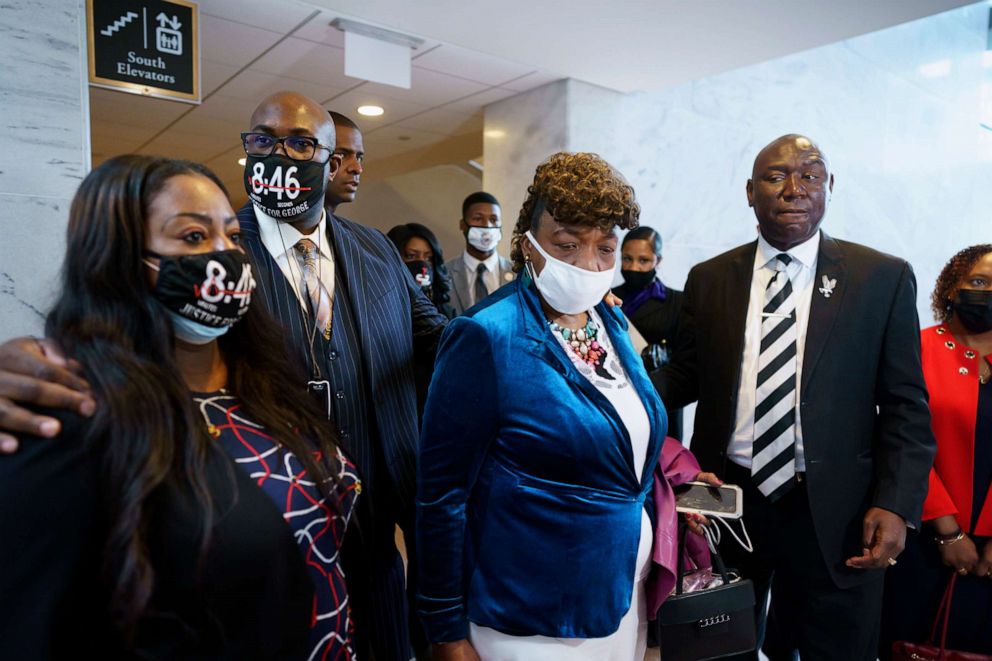 PHOTO: Keeta Floyd, Philonise Floyd, Gwen Carr and civil rights attorney Ben Crump talk to reporters following a meeting with Sen. Tim Scott, who is working on a police reform bill in the Senate, at the Capitol in Washington, April 29, 2021.