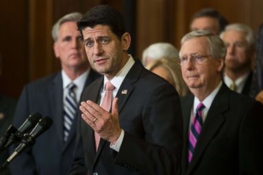 PHOTO: Speaker of the House Paul Ryan delivers remarks in front of Senate Majority Leader Mitch McConnell, right, and House Majority Leader Kevin McCarthy, left, during the enrollment ceremony on Capitol Hill for the Republican tax plan Dec.21, 2017.