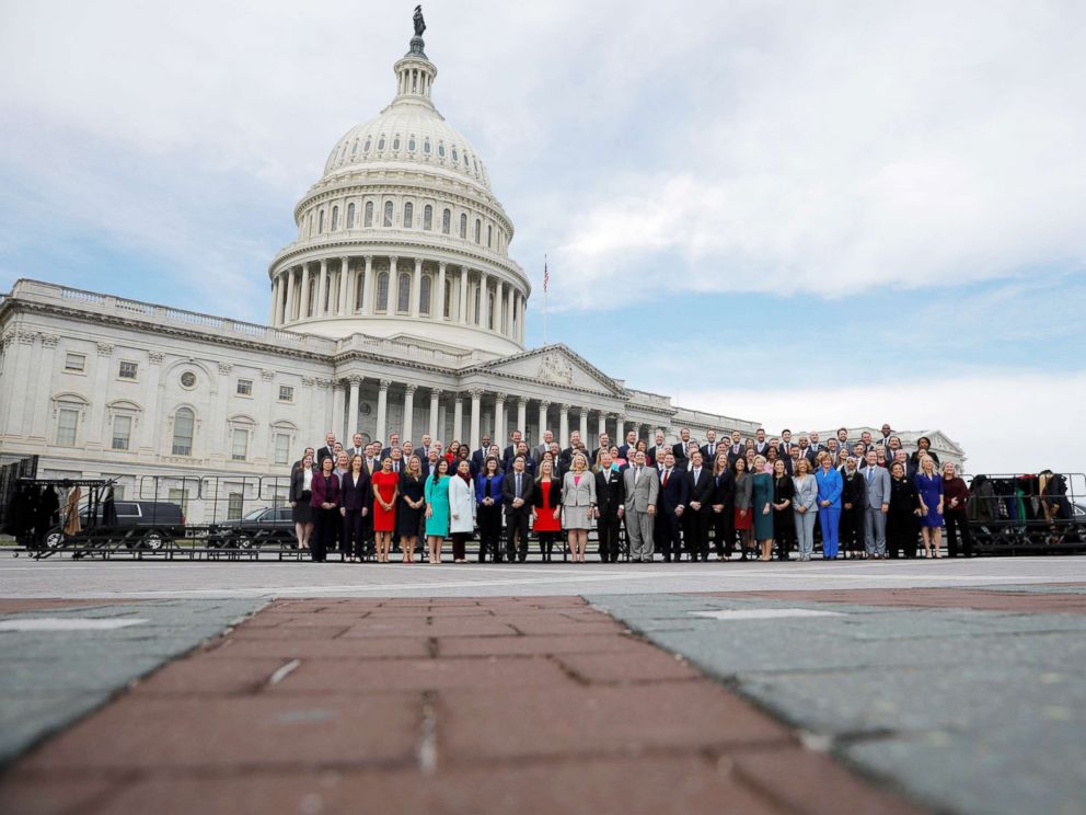 PHOTO: Incoming members of the U.S. House of Representatives pose for the 116th Congress Member-Elect Class Photo on Capitol Hill in Washington D.C., NoV. 14, 2018.