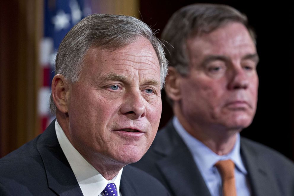 PHOTO: Senator Richard Burr, chairman of the Senate Intelligence Committee, with ranking member Senator Mark Warner during a news conference in Washington, D.C., Oct. 4, 2017.