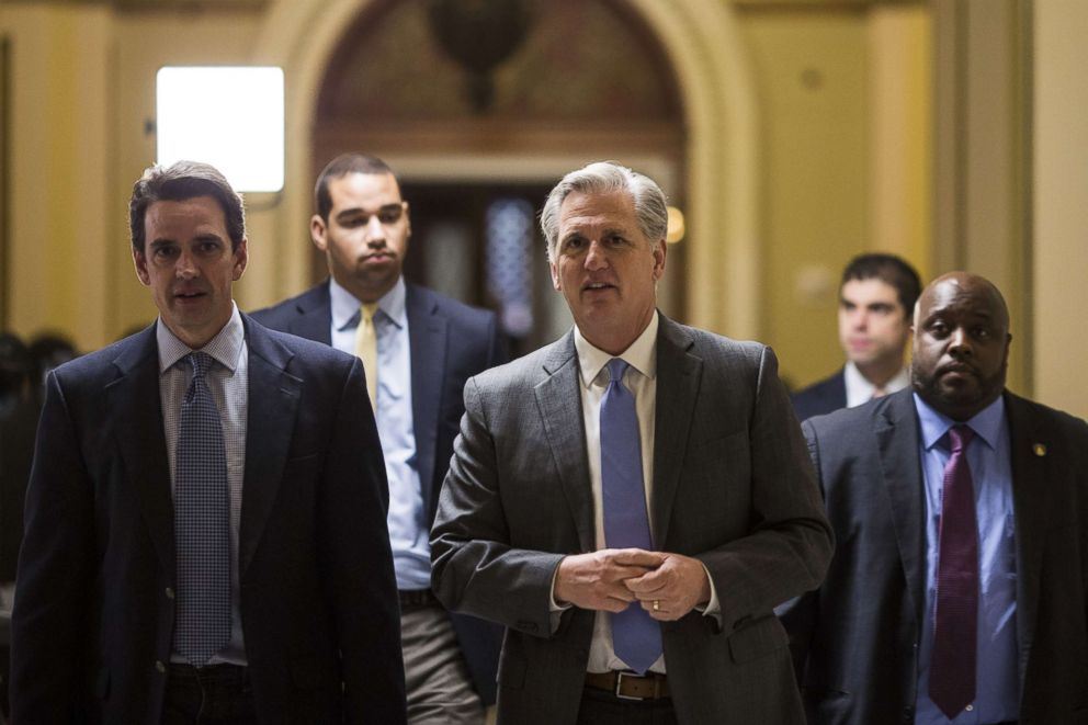 PHOTO: House Majority Leader Kevin McCarthy, a Republican from California, leaves the House Chamber following a vote to fund the U.S. Government, Feb. 9, 2018 in Washington, DC. 