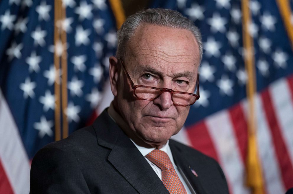 PHOTO: Senate Majority Leader Chuck Schumer meet with reporters at the Capitol in Washington, July 27, 2022.