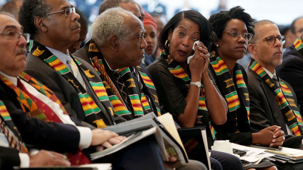 PHOTO: Rep. Jahana Hayes, center, wipes away a tear during an event at Emancipation Hall in the Capitol, Sept. 10, 2019, in Washington, DC.