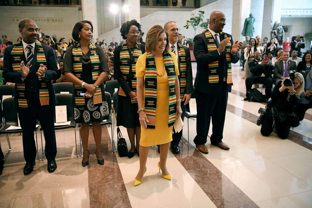 PHOTO: House Speaker Nancy Pelosi arrives for the  Congressional Black Caucus (CBC) ceremony to commemorate the 400th anniversary of the first recorded forced arrival of enslaved Africans in the Emancipation Hall of the Capitol, Sept. 10, 2019.