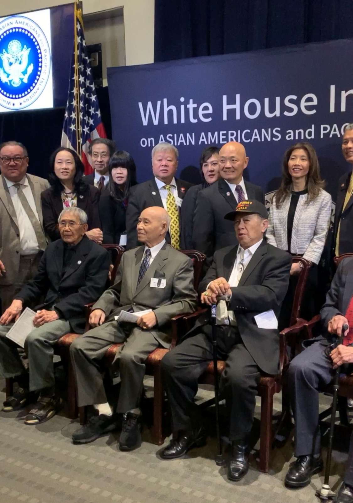 PHOTO: James Eng, Harry Jung and Henry Lee, front row, pose for photos with members of the Chinese American Citizens Alliance after being awarded with the Congressional Gold Medal in Washington, Jan. 29, 2019.