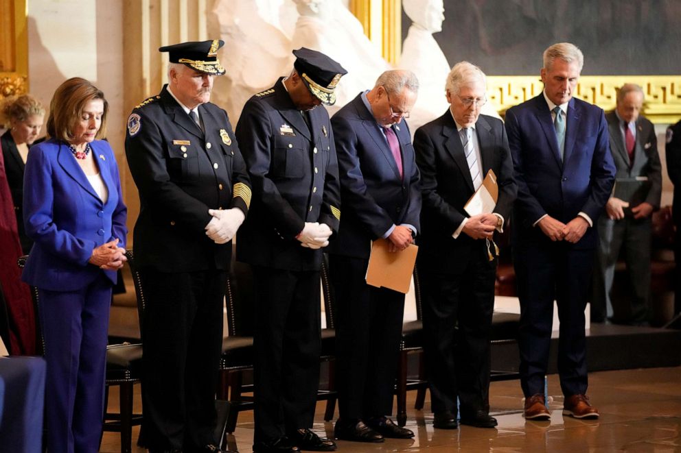 Speaker of the House Nancy Pelosi, U.S. Capitol Police Chief J. Thomas Manger, Washington D.C. Metropolitan Police Chief Robert J. Contee, Senate Minority Leader Mitch McConnell, and House Minority Leader Kevin McCarthy.