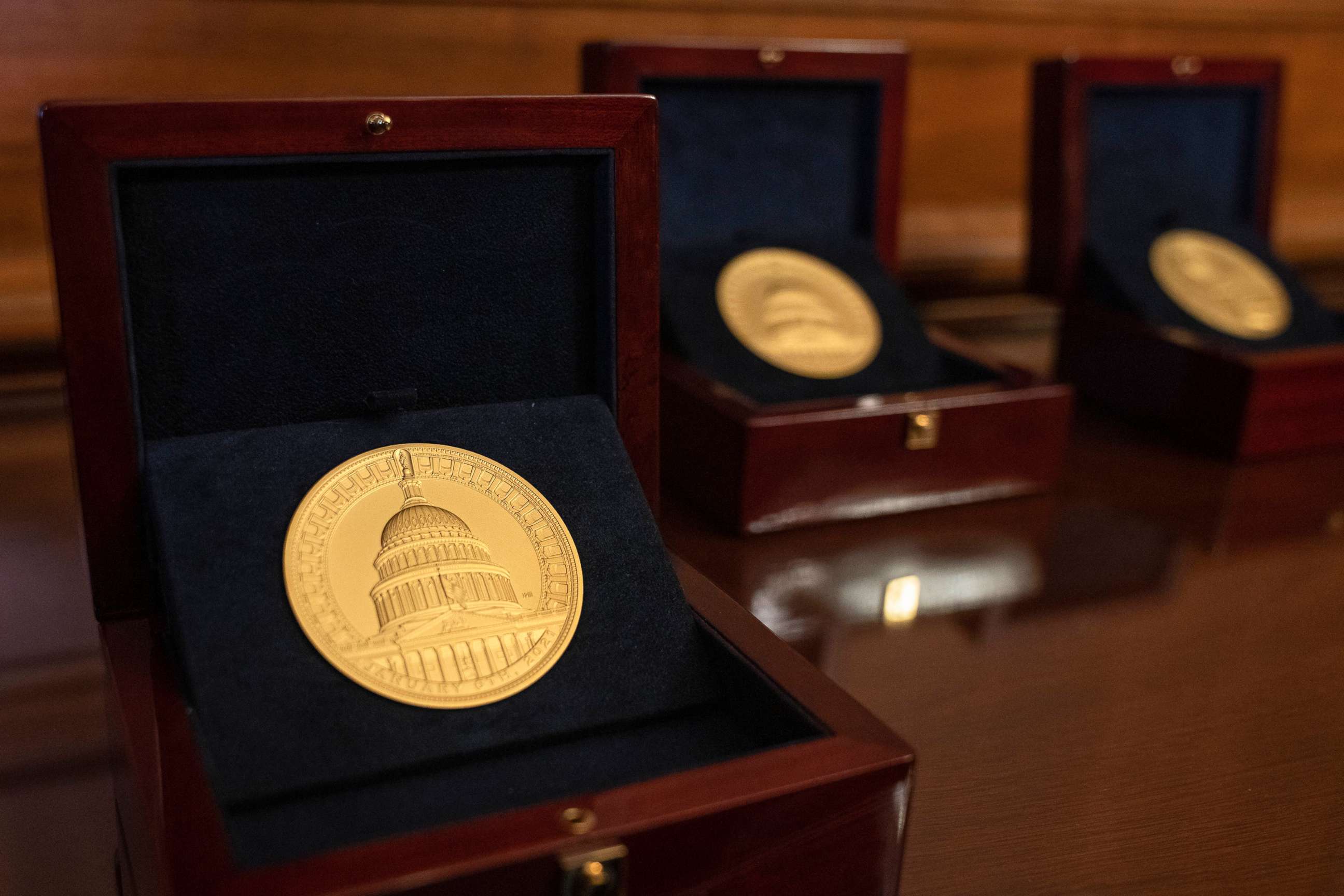 PHOTO: Congressional Gold Medals, in honor of the U.S. Capitol Police, the Washington, DC Metropolitan Police, and others who protected the Capitol on Jan. 6, 2021, are displayed ahead of a ceremony at the Capitol, Dec. 6, 2022, in Washington.