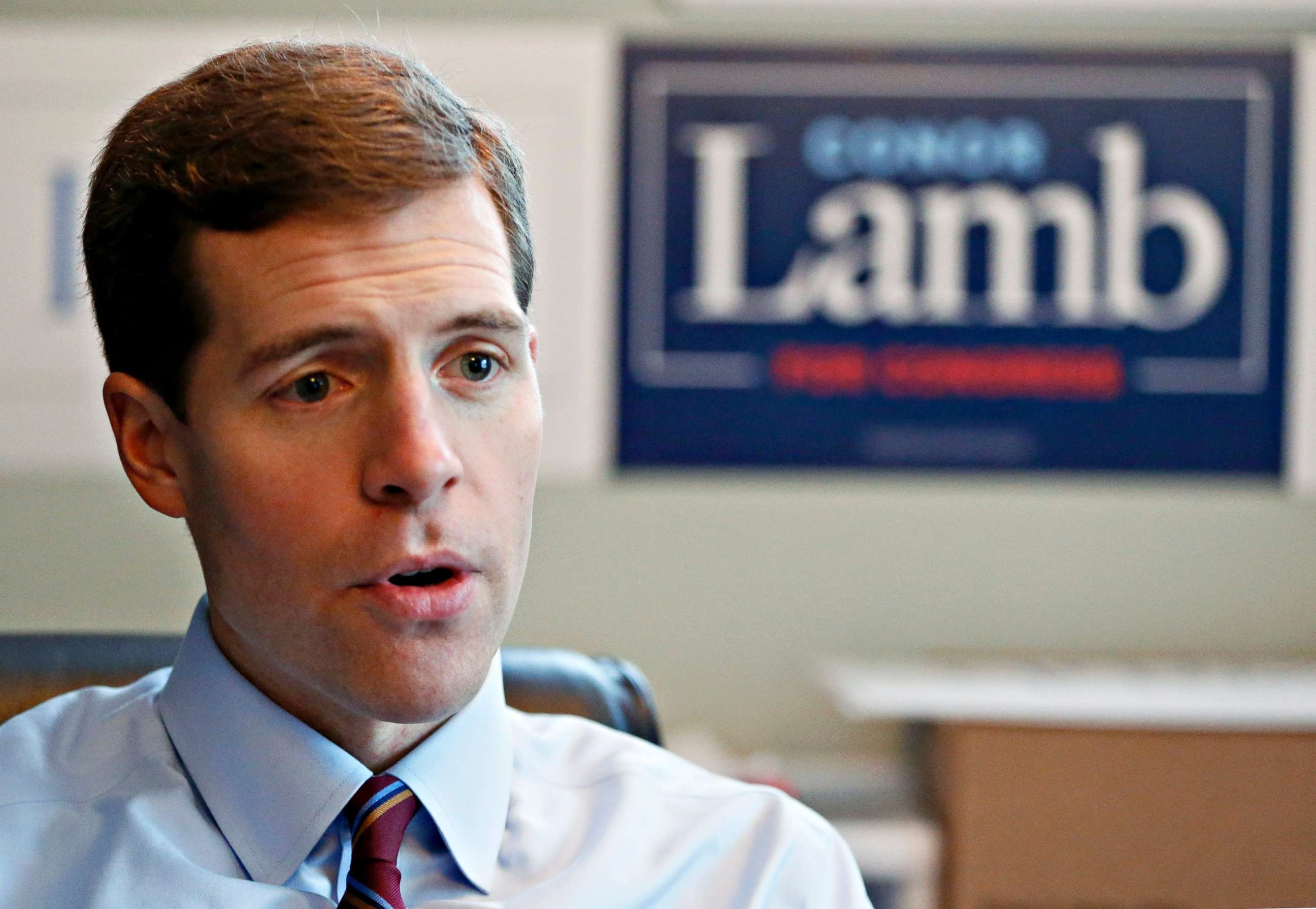 PHOTO: Conor Lamb, the Democratic candidate for the March 13 special election in Pennsylvania's 18th Congressional District, talks about his campaign at his headquarters, Feb. 7, 2018, in Mount Lebanon, Pa. 