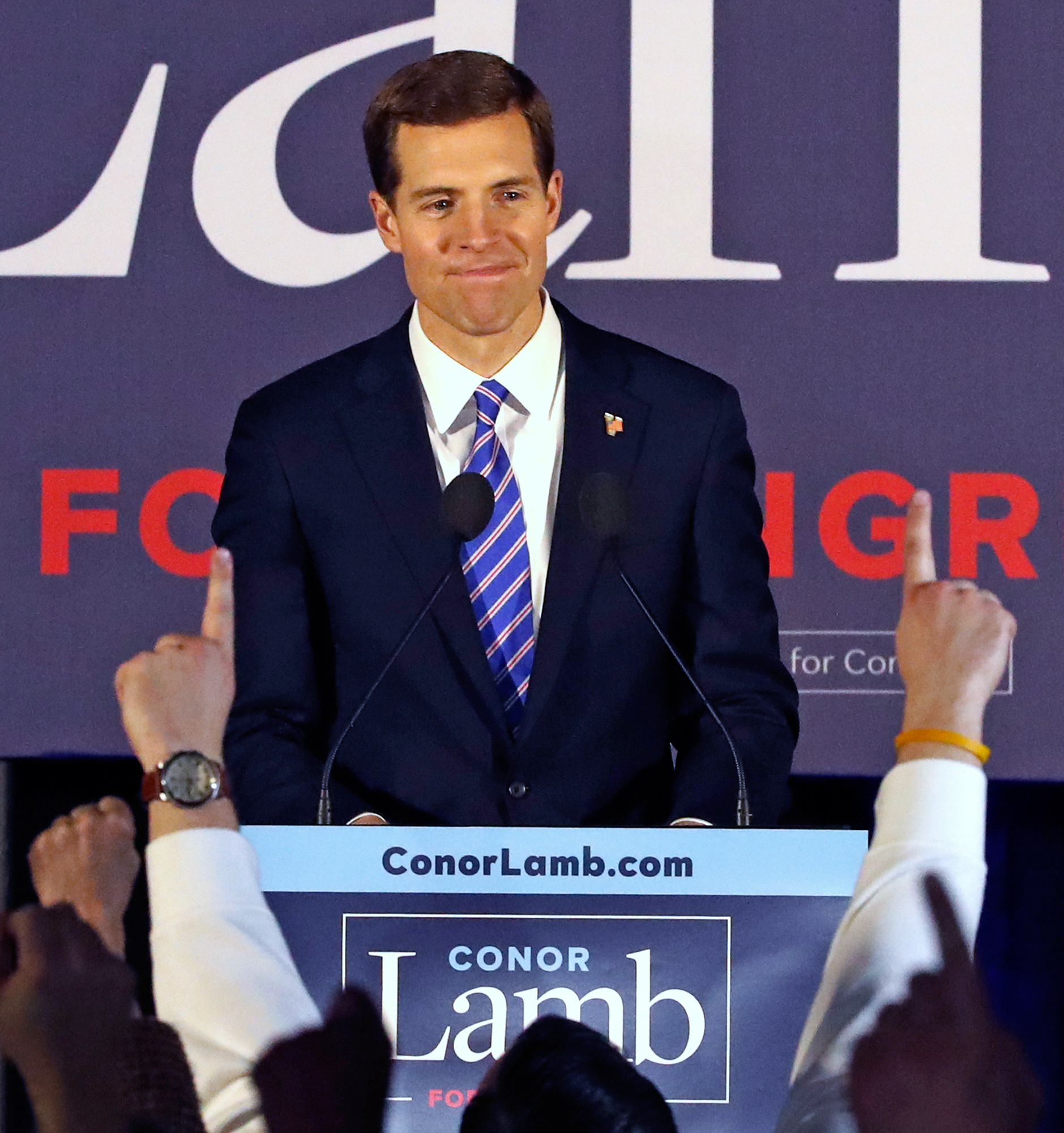 PHOTO: Conor Lamb celebrates with his supporters at his election night party in Canonsburg, Pa., March 14, 2018.