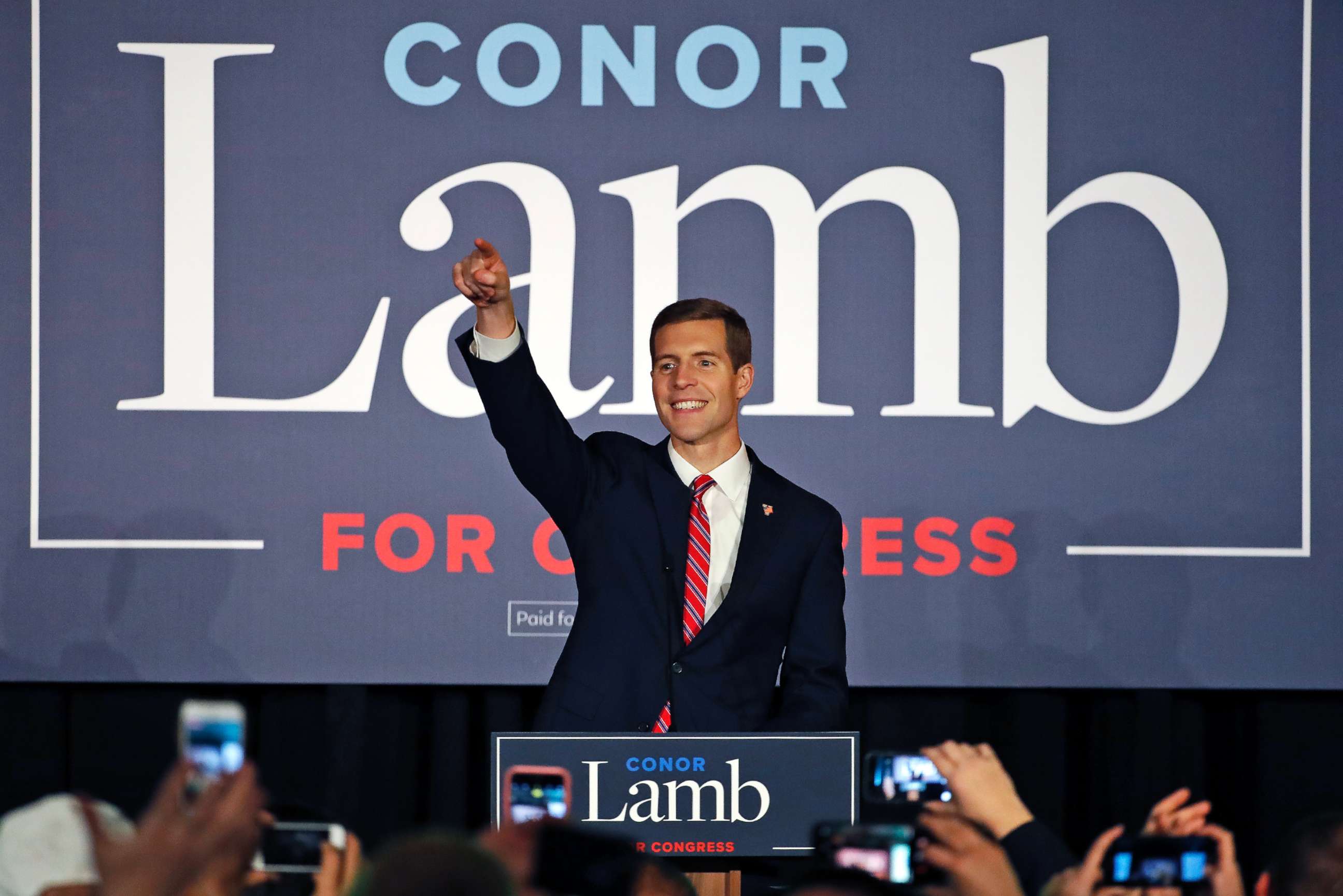 PHOTO: Rep. Conor Lamb, D-Pa, celebrates his win in the Pennsylvania's 17th Congressional District with supporters at his election night party in Cranberry, Pa., Nov. 6, 2018.