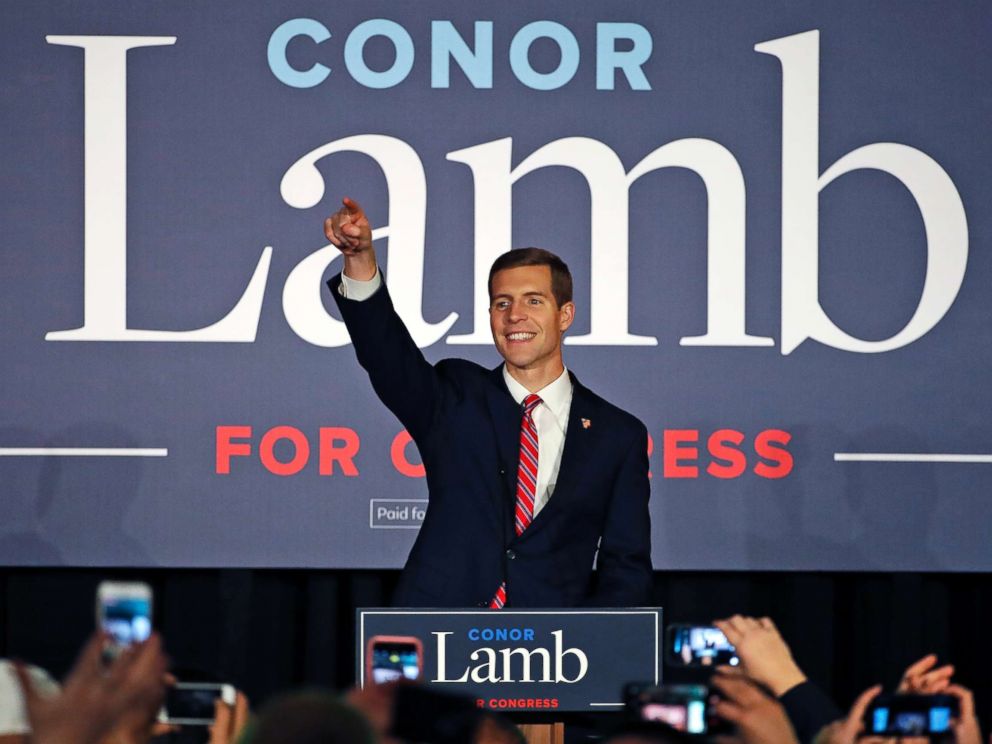 PHOTO: Rep. Conor Lamb, D-Pa, celebrates his win in the Pennsylvanias 17th Congressional District with supporters at his election night party in Cranberry, Pa., Nov. 6, 2018.