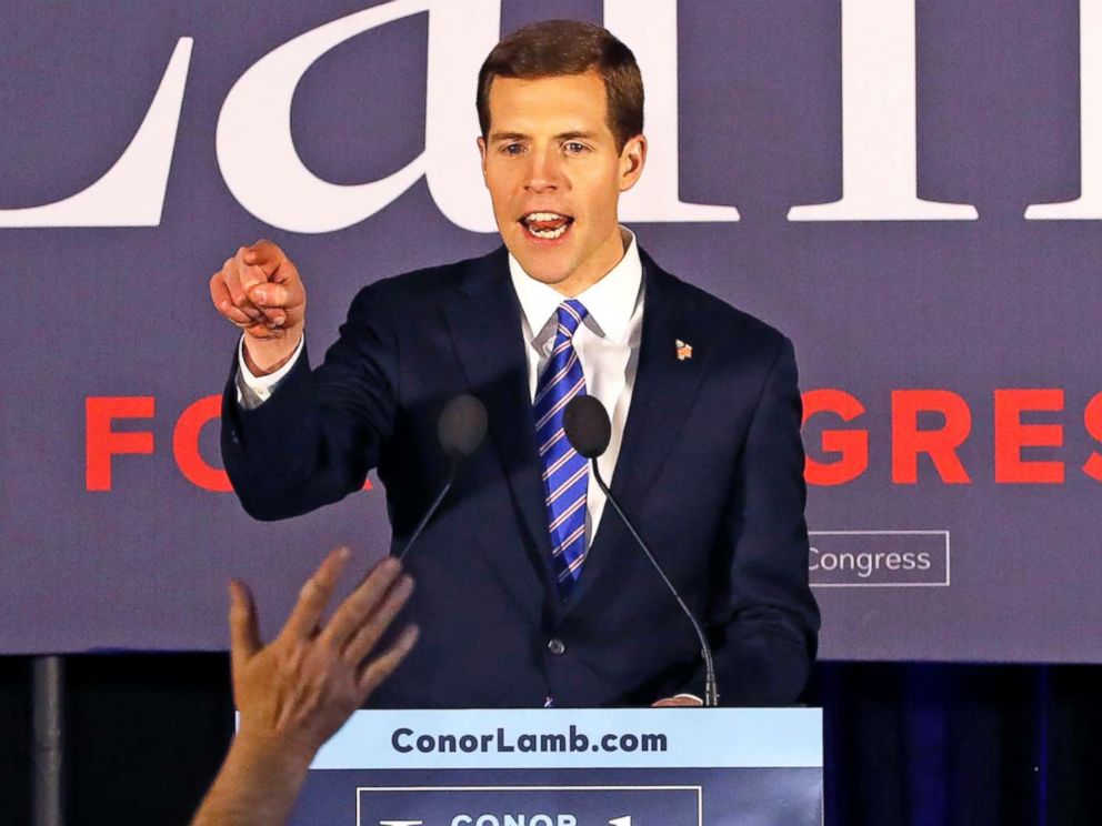 PHOTO: Conor Lamb, the Democratic candidate for special election in Pennsylvanias 18th Congressional District celebrates with his supporters at his election night party on March 14, 2018, in Canonsburg, Pa.