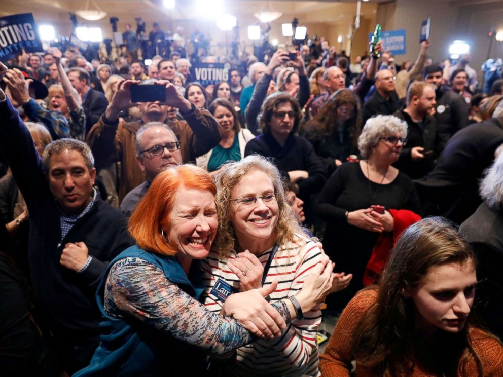 PHOTO: Supporters of Democratic congressional candidate Conor Lamb react to the results coming in during Lambs election night rally in Pennsylvanias 18th Congressional district special election in Canonsburg, Pennsylvania, March 13, 2018.
