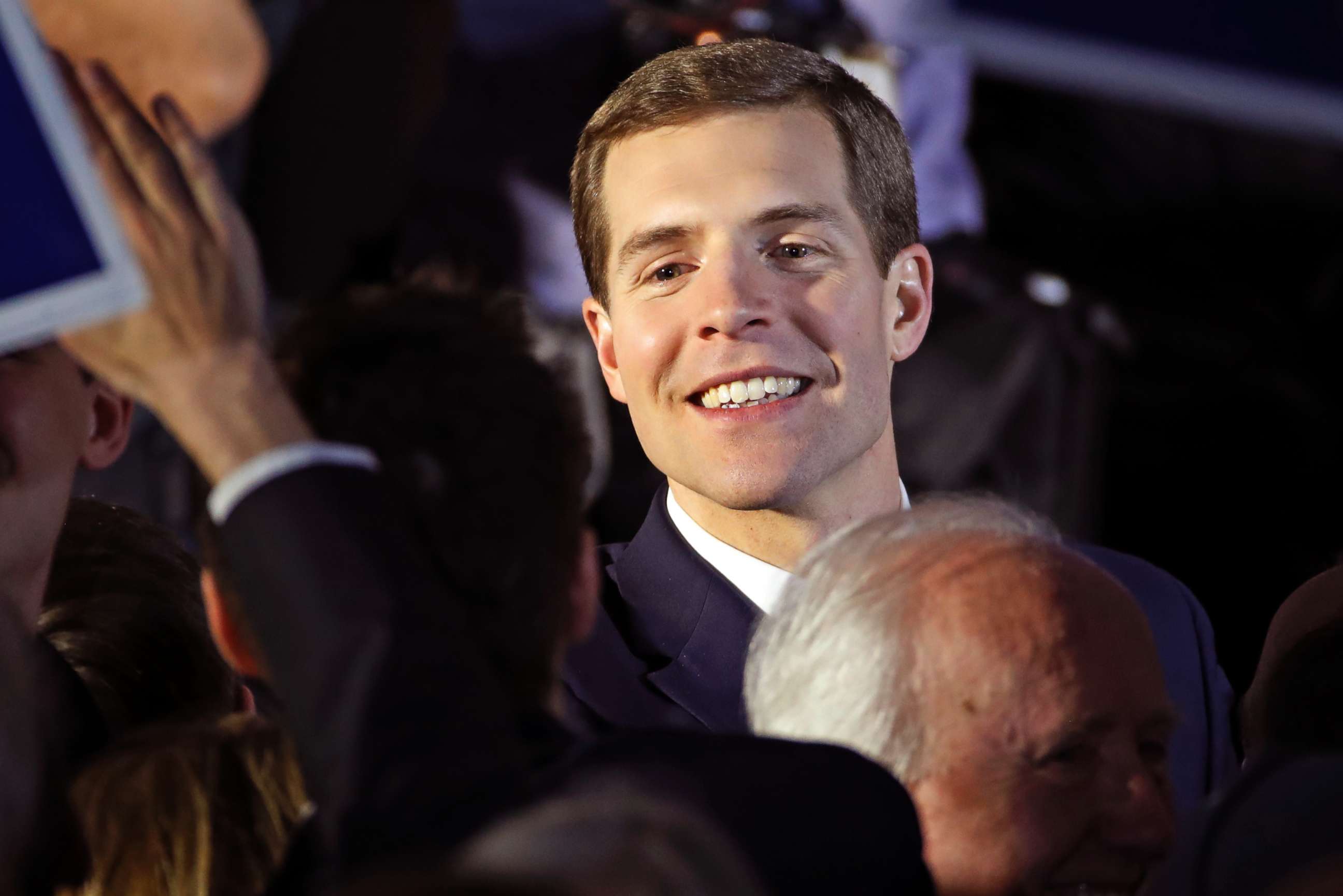 PHOTO: In this March 14, 2018, file photo, Conor Lamb, the Democratic candidate for the March 13 special election in Pennsylvania's 18th Congressional District, celebrates with his supporters at his election night party in Canonsburg, Pa. 
