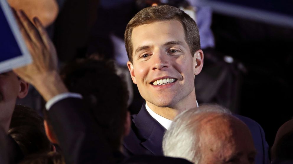 PHOTO: In this March 14, 2018, file photo, Conor Lamb, the Democratic candidate for the March 13 special election in Pennsylvania's 18th Congressional District, celebrates with his supporters at his election night party in Canonsburg, Pa. 