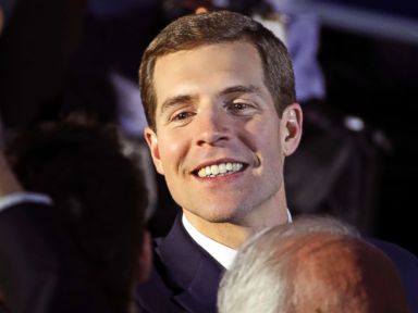 PHOTO: In this March 14, 2018, file photo, Conor Lamb, the Democratic candidate for the March 13 special election in Pennsylvanias 18th Congressional District, celebrates with his supporters at his election night party in Canonsburg, Pa. 