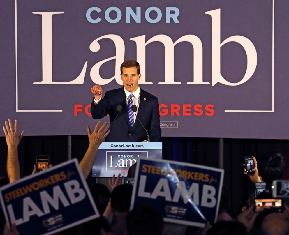 PHOTO: In this early Wednesday, March 14, 2018 file photo, Conor Lamb, the Democratic candidate for the March 13 special election in Pennsylvania's 18th Congressional District, celebrates with his supporters at his election night party in Canonsburg, Pa.