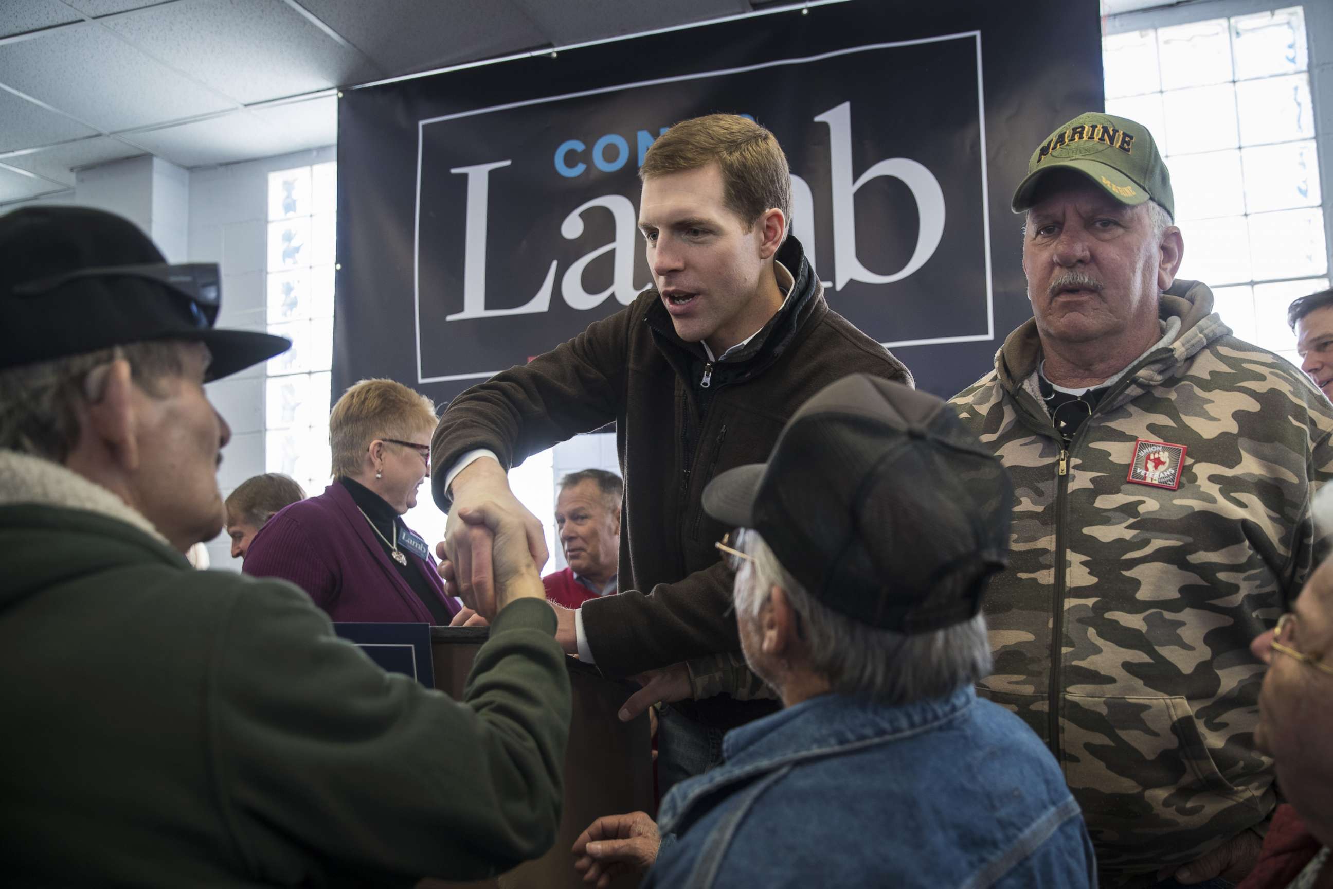PHOTO: Conor Lamb, Democratic Congressional candidate for Pennsylvania's 18th district, greets supporters after speaking at a campaign rally with United Mine Workers of America (UMWA) at the Greene County Fairgrounds, March 11, 2018, in Waynesburg, Penn.
