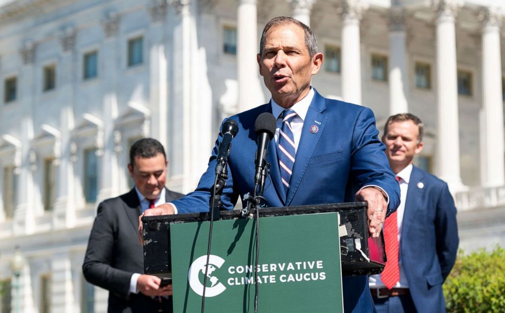 PHOTO: In this June 23, 2021, file photo, Rep. John Curtis, R-Utah, speaks during the press conference introducing the Republican Climate Caucus outside of the Capitol in Washington, D.C.