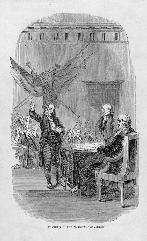 PHOTO: In this engraving, Benjamin Franklin is depicted speaking at the 1787 National Convention held in Philadelphia.