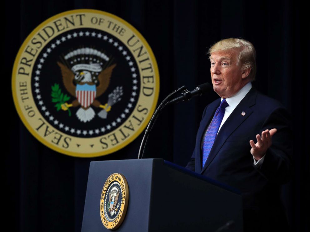 PHOTO: President Donald Trump speaks at the Conversations with the Women of America event at the Eisenhower Executive Office Building on the White House complex,  Jan. 16, 2018. 