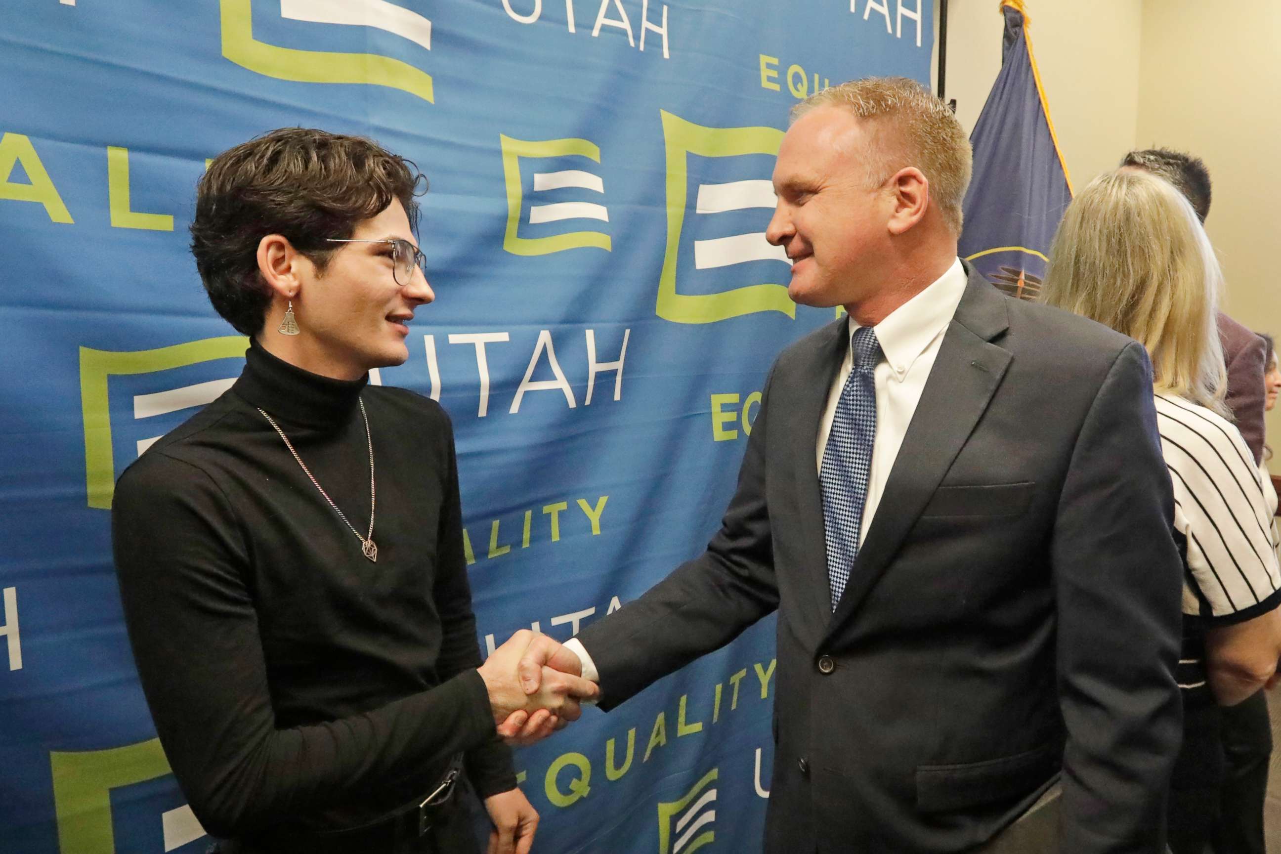 PHOTO:Nathan Dalley shakes hands with Republican Utah Rep. Craig Hall following a news conference about the discredited practice of conversion therapy for LGBTQ children, now banned in Utah, Jan. 22, 2020, at the Utah State Capitol in Salt Lake City.
