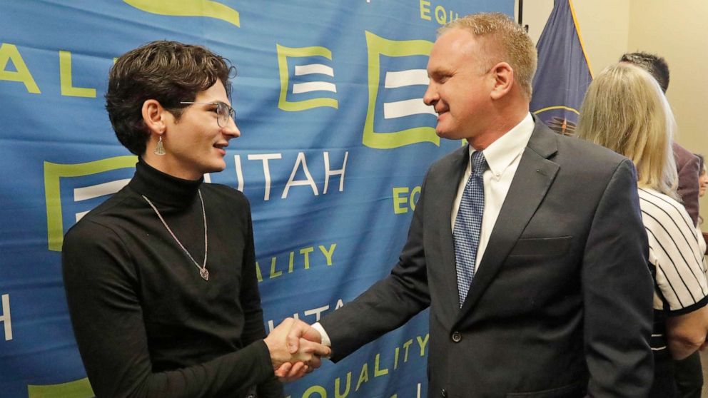 PHOTO:Nathan Dalley shakes hands with Republican Utah Rep. Craig Hall following a news conference about the discredited practice of conversion therapy for LGBTQ children, now banned in Utah, Jan. 22, 2020, at the Utah State Capitol in Salt Lake City.