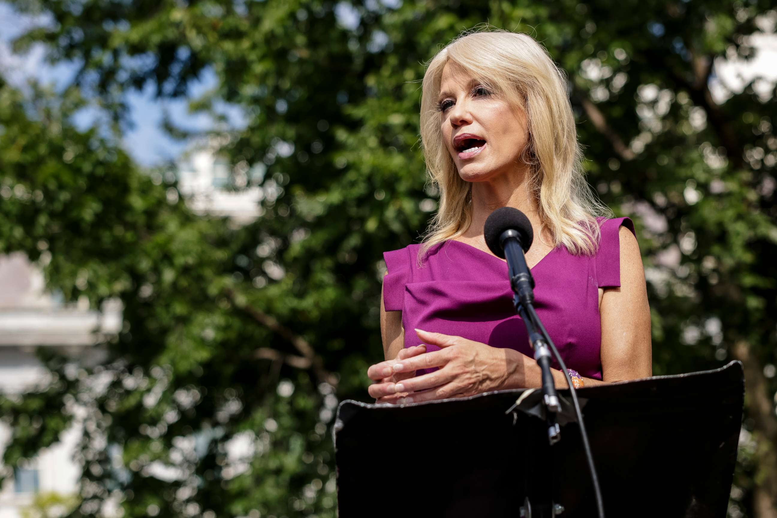 PHOTO: Kellyanne Conway, counselor to President Donald Trump, speaks to reporters outside of the West Wing of the White House on August 6, 2020 in Washington, DC.