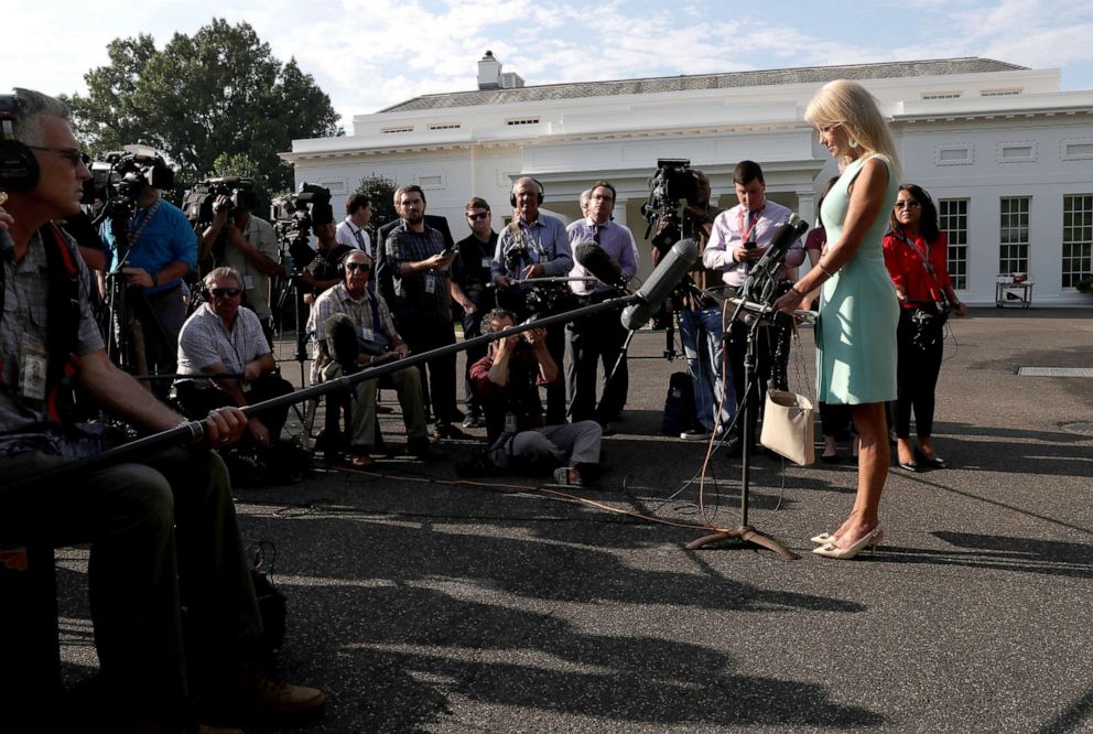 PHOTO: White House senior adviser Kellyanne Conway speaks to members of the news media at the White House, Aug. 19, 2019. 