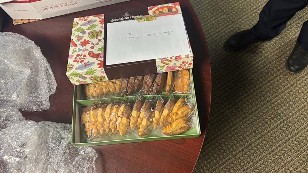 PHOTO: In this photo released by the Raleigh Police Department, a thank-you present of pineapple-shaped cookies delivered to the Wake County Board of Elections is shown that prompted a hazmat response on Oct. 29, 2024.
 