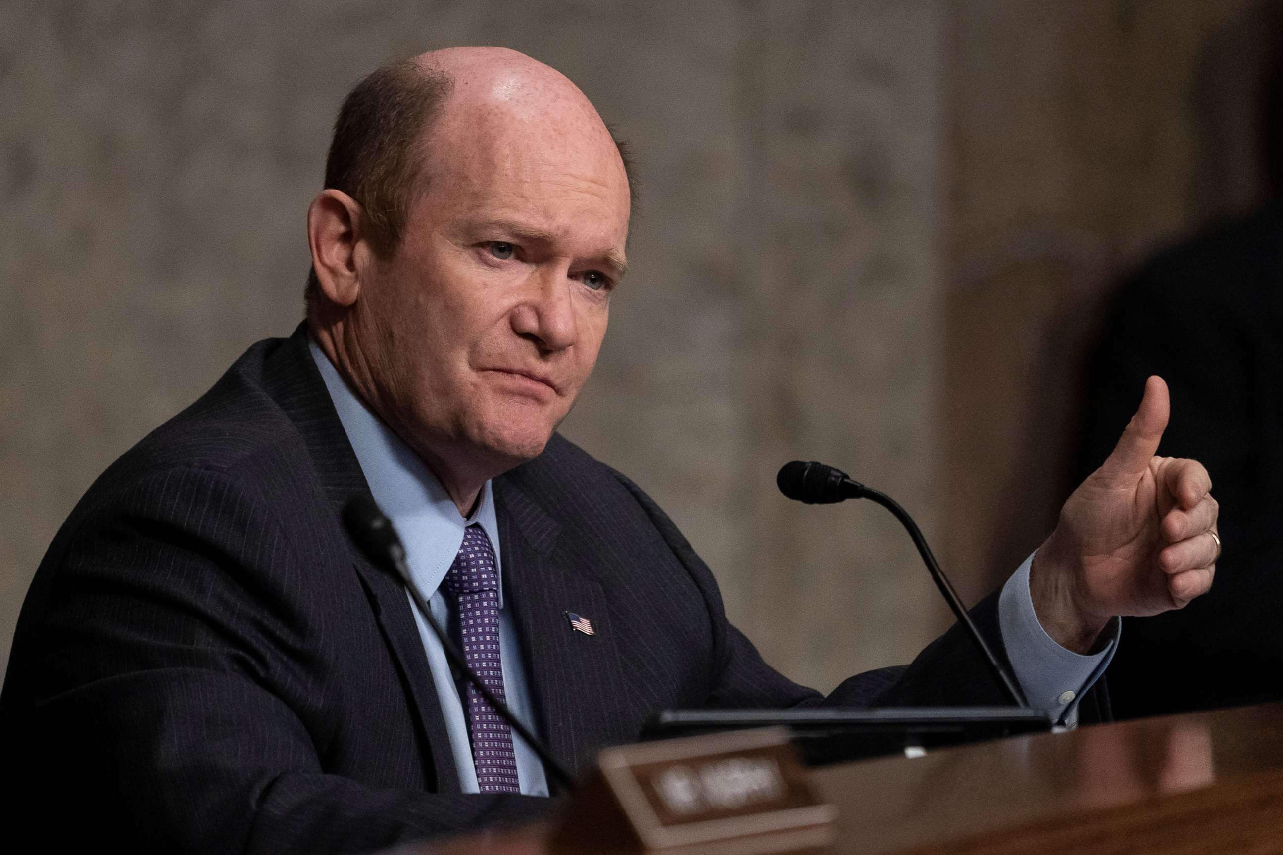 PHOTO: Sen. Chris Coons speaks during a hearing of the Senate Foreign Relations to examine US-Russia policy at the Capitol, Dec. 7, 2021.