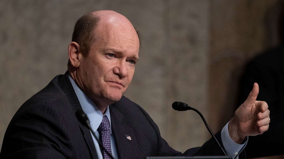 PHOTO: Sen. Chris Coons speaks during a hearing of the Senate Foreign Relations to examine US-Russia policy at the Capitol, Dec. 7, 2021.