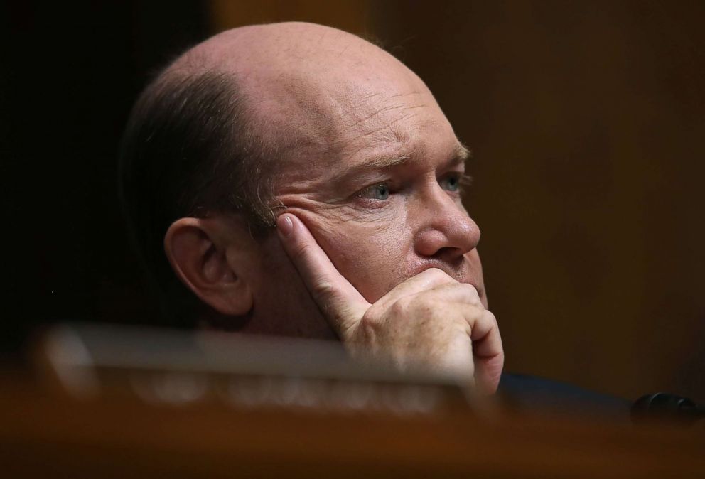 PHOTO: Senator Chris Coons listens to testimony from Christine Blasey Ford as she testified before the Senate Judiciary Committee, Sept. 27, 2018.
