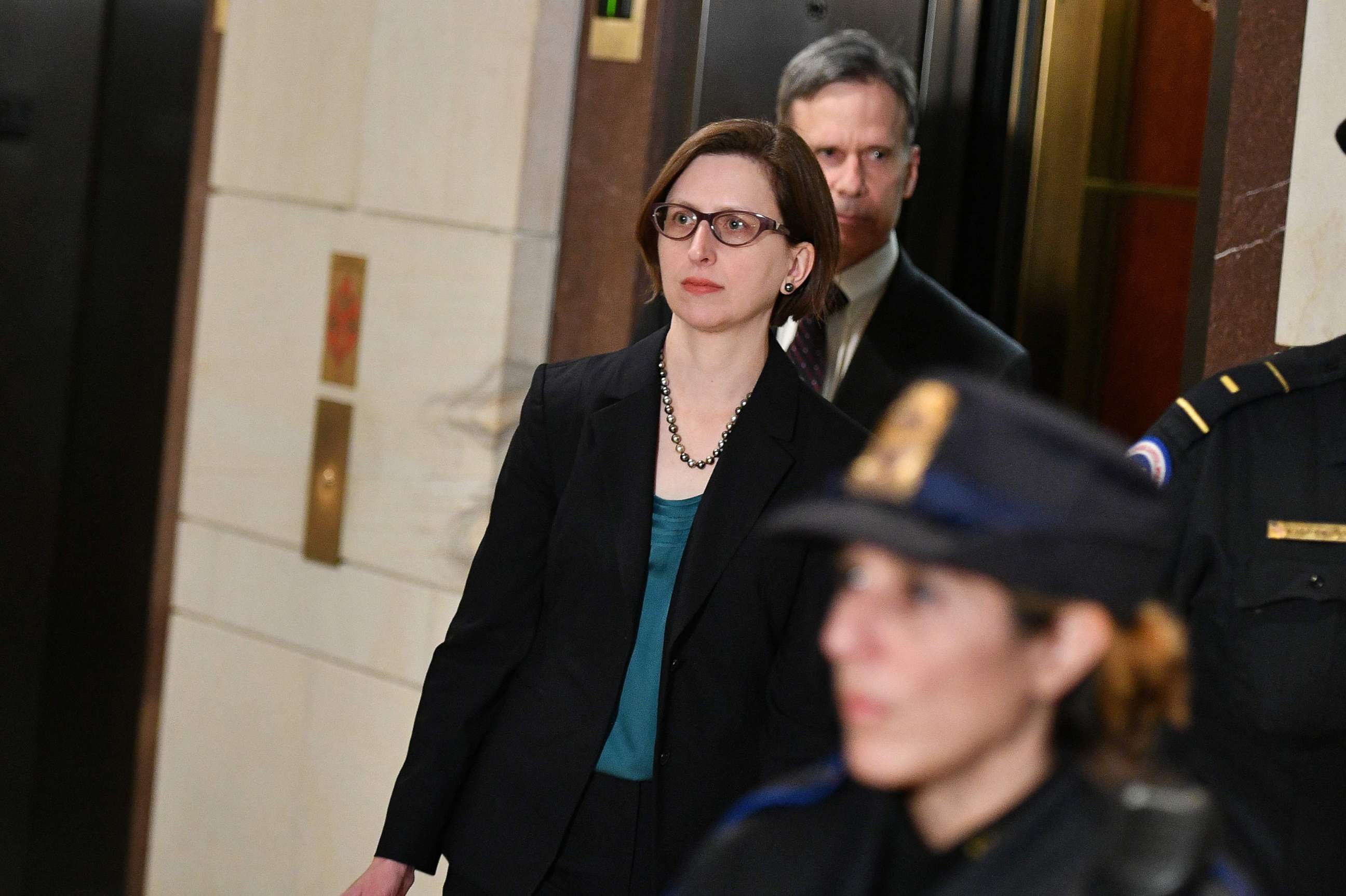 PHOTO: Deputy Assistant Secretary of Defense for Russia, Ukraine, and Eurasia Laura Cooper arrives at the Capitol ahead of her closed-door deposition before members of Congress, Oct. 23, 2019.