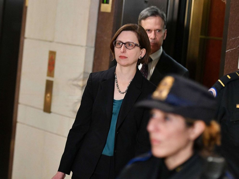 PHOTO: Deputy Assistant Secretary of Defense for Russia, Ukraine, and Eurasia Laura Cooper arrives at the Capitol ahead of her closed-door deposition before members of Congress, Oct. 23, 2019.